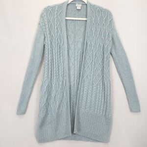 Chico's Women XS Light Blue Cable Knit Open Front Cardigan Sweater Wool Cashmere